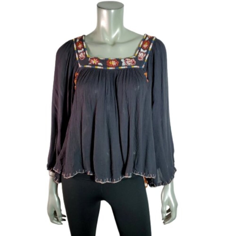 Banjara Top Size XS Embroidered Floral Square Neck‎ Lace Up Pullover Black NWT